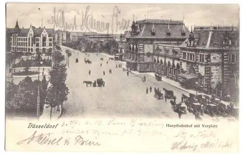 Ansichtskarte, Düsseldorf, Hauptbahnhof mit Vorplatz, Kutschen, 1903