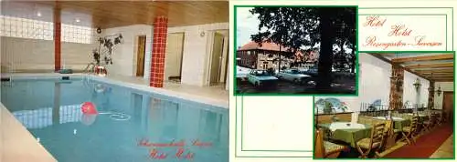 Ansichtskarte dreiteilig, Sieversen Rosengarten, Hotel Holst, um 1980