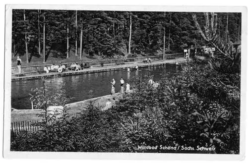 AK, Schöna Sächs. Schweiz, Waldbad, belebt, 1951