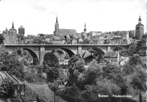 Ansichtskarte, Bautzen, Teilansicht mit Friedensbrücke, 1964
