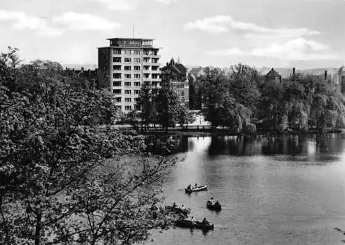 Ansichtskarte, Karl-Marx-Stadt, Chemnitz, Schloßteich, Blick zum Hochhaus, 1962