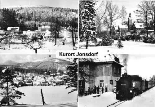 Ansichtskarte, Kurort Jonsdorf, vier Winteransichten, u.a. Bahnhof, 1984