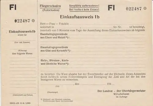 Einkaufsnachweis für den Ausgleich von Fliegerschäden, 1943
