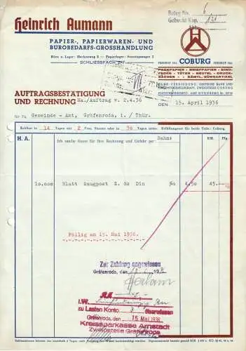 Rechnung, Fa. Heinrich Aumann, Papierwaren, Coburg, 1936