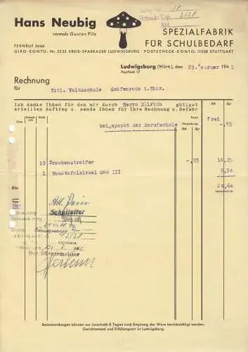Rechnung, Fa. Hans Neubig, Spezialfabrik für Schulbedarf, Ludwigsburg, 1941