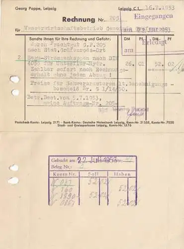 Rechnung, Fa. Georg Poppe, Röhren - Formstücke - Armaturen, Leipzig C 1, 16.7.53