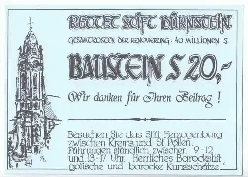 Spendenbescheinigung, Dürnstein Nierösterr., Rettet Stift Dürnstein, um 1995
