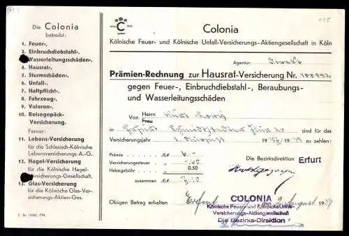 Colonia Versicherung Köln, Bezirksdirekt. Erfurt, Prämien-Rechnungen (4) 1937-40