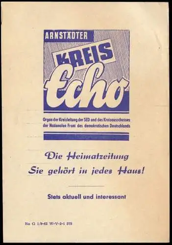 Arnstadt Thür., Bestellschein "Arnstädter Kreis-Echo", um 1962