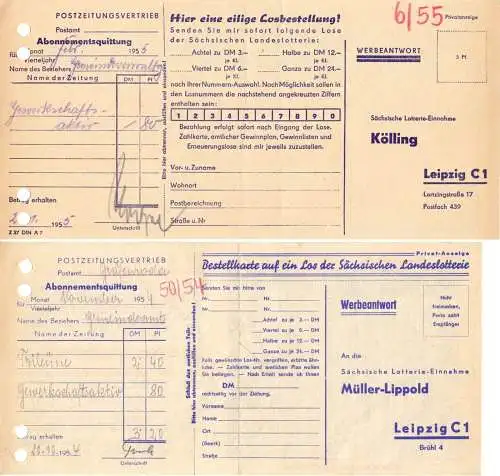 vier Abo-Quittungen des Postzeitungsvertriebes mit Werbung Landeslotterie, 1953