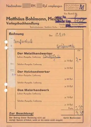 Rechnung, Verlagsbuchhandlung Matthäus Bohlmann, Meißen, 10.8.43