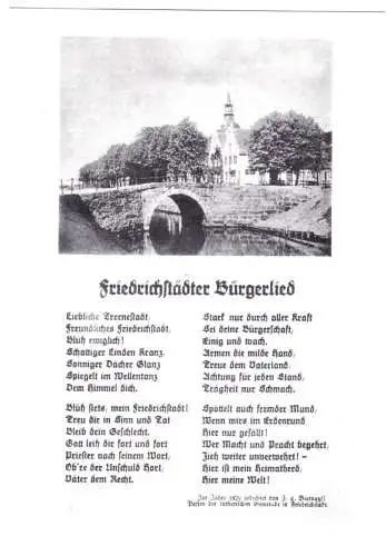 AK, Friedrichstadt, Teilansicht mit Brücke, Friedrichstädter Bürgerlied, um 1980