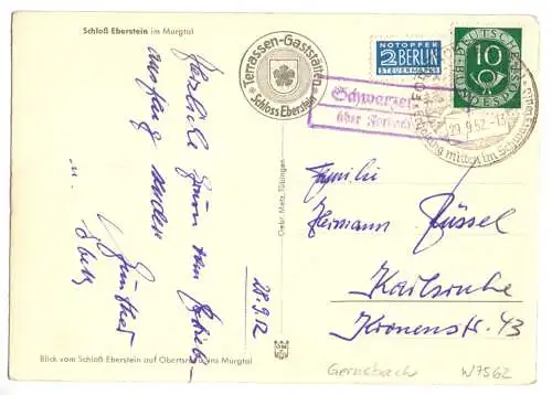 AK, Gernsbach im Murgtal, Gesamtansicht, Landpoststempel, 1952