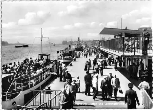 AK, Hamburg, Hafen und Landungsbrücke, belebt, um 1960