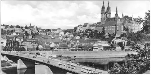 AK lang, Meissen, Blick auf Albrechtsburg, Dom und neue Elbbrücke, 1967