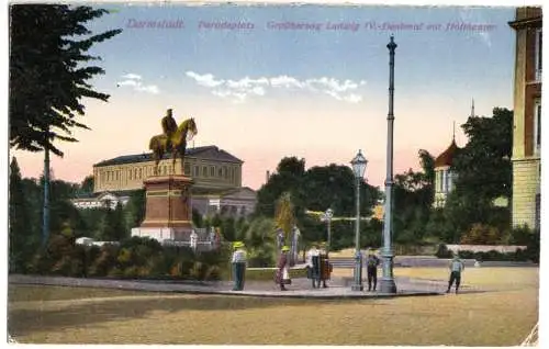 AK, Darmstadt, Paradeplatz, Denkmal, Hoftheater, 1915