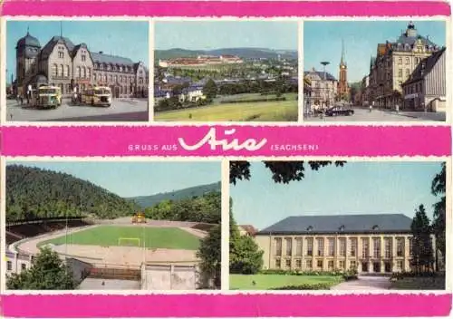 Ansichtskarte, Aue, fünf Abb., u.a. Stadion, 1964