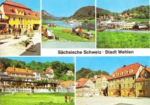 Ansichtskarte, Stadt Wehlen Sächs. Schweiz, fünf Abb., u.a. Karl-Marx-Platz, 1982