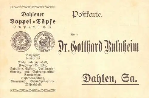 Werbepostkarte, Dahlen, Dahlener Doppel-Töpfe, Fa. Dr. Gotthard Bulnheim, 1906