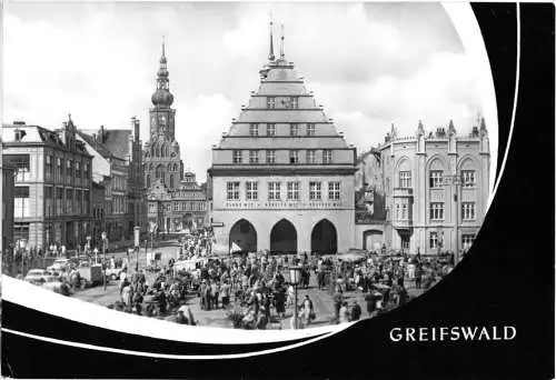 AK, Greifswald, Rathaus mit Markttreiben, gestaltet