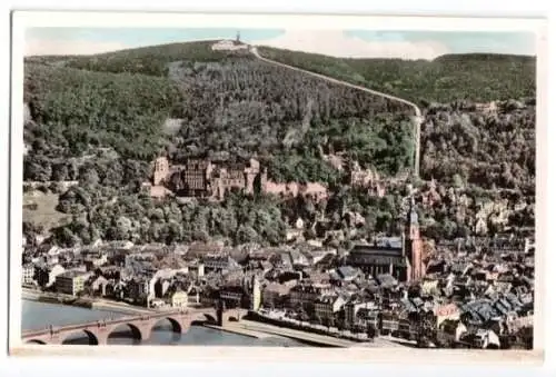 Ansichtskarte, Heidelberg, Gesamtansicht mit Brücke, ca. 1957