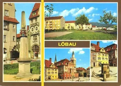 Ansichtskarte, Löbau, 4 Abb., u.a. Postmeilensäule, 1984
