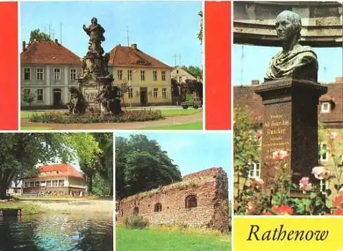 Ansichtskarte, Rathenow, 4 Abb., u.a. Duncker-Denkmal, 1985