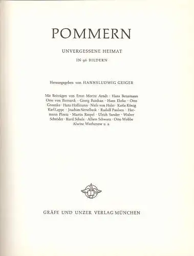 Geiger, Hannsludwig [Hrsg.]; Pommern - Unvergessene Heimat, 1959