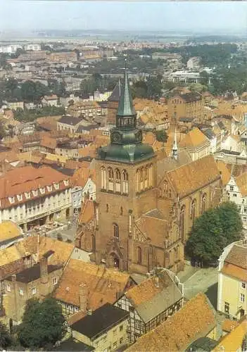 Ansichtskarte, Güstrow, Innenstadt mit Stadt- und Pfarrkirche St. Marien, Luftbild, 1989