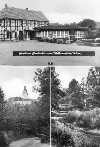 Ansichtskarte, Falkenstein Harz, Gruß vom Gartenhaus und Falkenstein, drei Abb., 1969