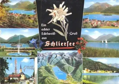 Ansichtskarte, Schliersee, 7 Abb. und Edelweiß-Gruß, um 1968