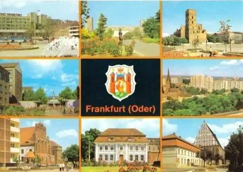 Ansichtskarte, Frankfurt Oder, acht Abb., Wappen, 1988