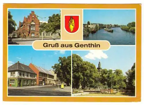 Ansichtskarte, Genthin, vier Abb. und Wappen, um 1989