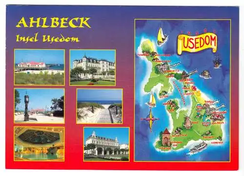 Ansichtskarte, Seebad Ahlbeck auf Usedom, sechs Abb., und Landkarte, 2003