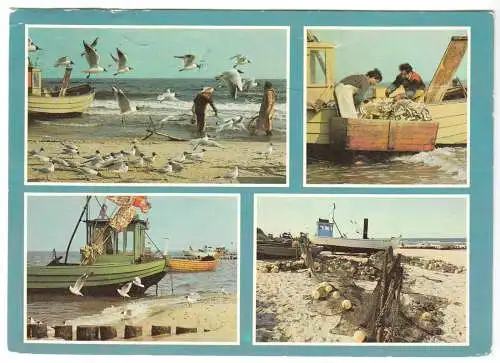 Ansichtskarte, Insel Usedom, Küstenfischerei, vier Abb., um 1990