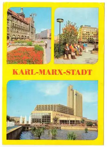 Ansichtskarte, Chemnitz, Karl-Marx-Stadt, drei Abb., 1986