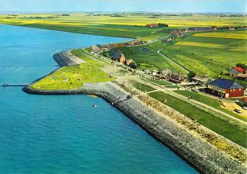 Ansichtskarte, Nordseeinsel Nordstrand, Luftbild mit Deich, um 1978