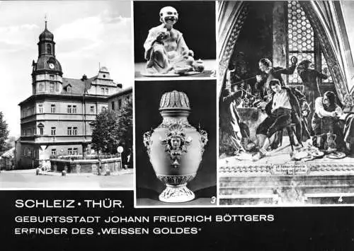 Ansichtskarte, Schleiz, Geburtsstadt Johann Friedrich Böttgers, vier Abb., 1971