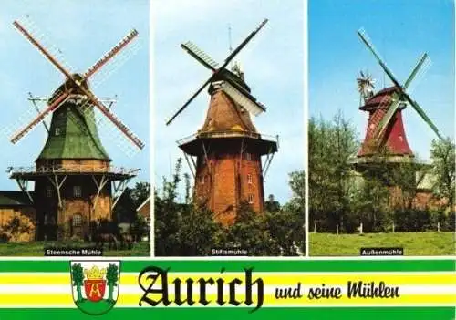 Ansichtskarte, Aurich, drei Abb., Mühlen, 1987