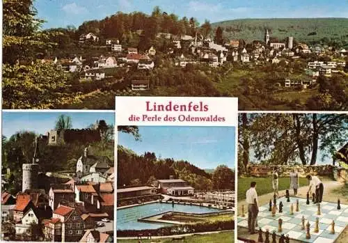 AK, Lindenfels Odenwald, vier Abb., u.a. Freiluft Schach, 1970