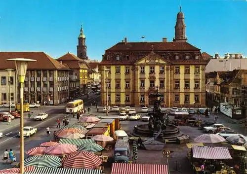 Ansichtskarte, Erlangen, Rathaus und Marktplatz, um 1980
