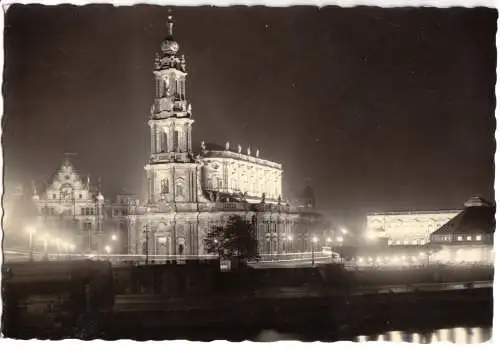 AK, Dresden, Kath. Hofkirche, Nachtaufnahme, 1956