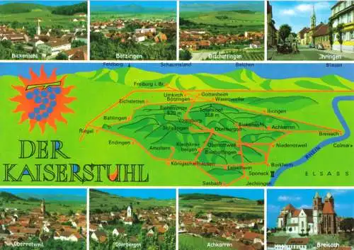 Ansichtskarte, Der Kaiserstuhl, acht Abb., und Landkarte, um 1980