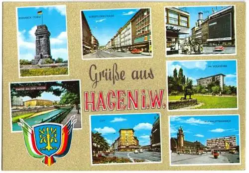 AK, Hagen Westf., sieben Abb., Golddruck, um 1980