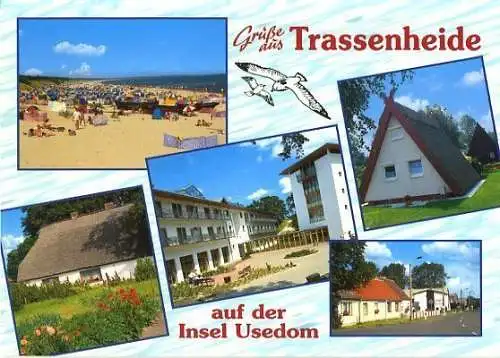 Ansichtskarte, Trassenheide, 5 Abb., u.a. Strand, ca. 1998