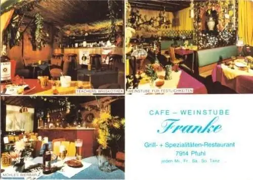 Ansichtskarte, Pfuhl, Restaurant Franke, drei Abb., um 1980