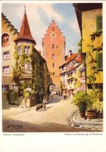 Ansichtskarte, Meersburg Bodensee, Obertor, Künstlerkarte, 1954