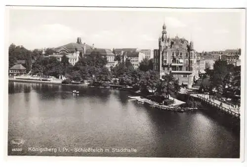 AK, Königsberg i. Pr., Schloßteich mit Stadthalle, um 1938