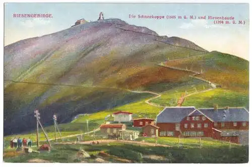 AK, Riesengebirge, Schneekoppe und Riesenbaude, um 1918