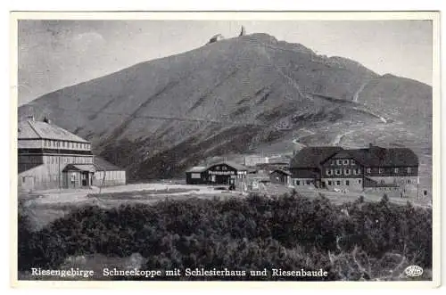 AK, Riesengebirge, Schneekoppe mit Schlesierhaus und Riesenbaude, 1938